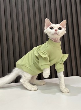 任发财绿色花边T恤无毛猫衣服德文衣服斯芬克斯V猫夏季纯棉透气
