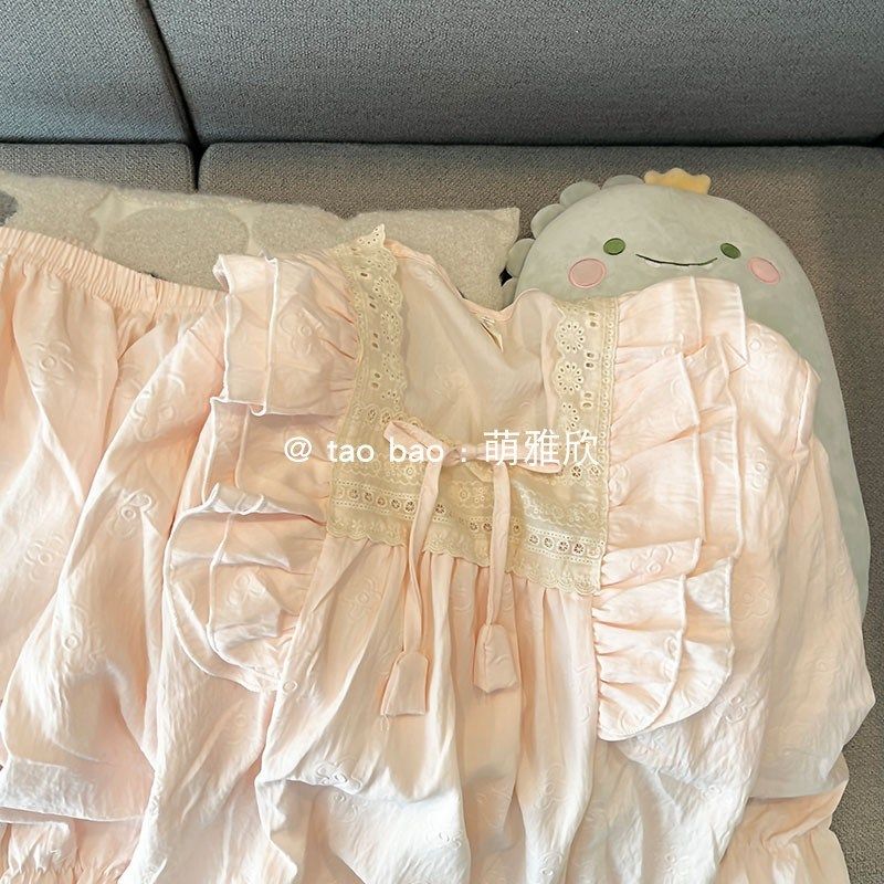 带胸垫粉色公主风睡衣女款春秋夏季云朵棉长袖长裤套装少女家居服