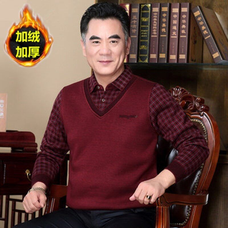 冬季中年男士假两件衬衣加绒加厚保暖内衣中老年带领爸爸针织上衣