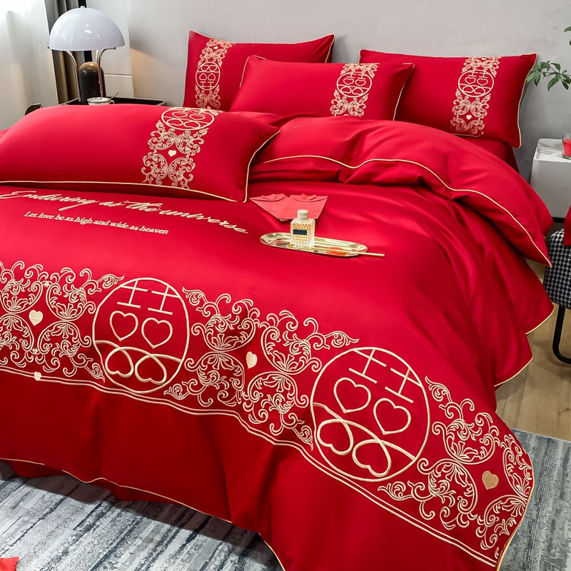 xyft结婚f床上用品四件套婚庆大红色喜嫁简约刺绣被套床单床笠婚