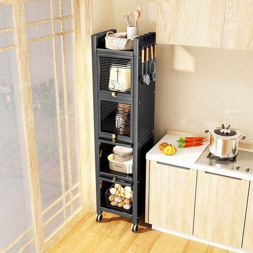 厨房夹缝收纳柜落地多层窄缝翻盖式带门收纳柜冰箱缝隙锅具置物架