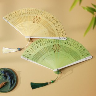 古风扇子纯色果绿色全竹小折扇女式随身夏季折叠复古汉服旗袍舞蹈