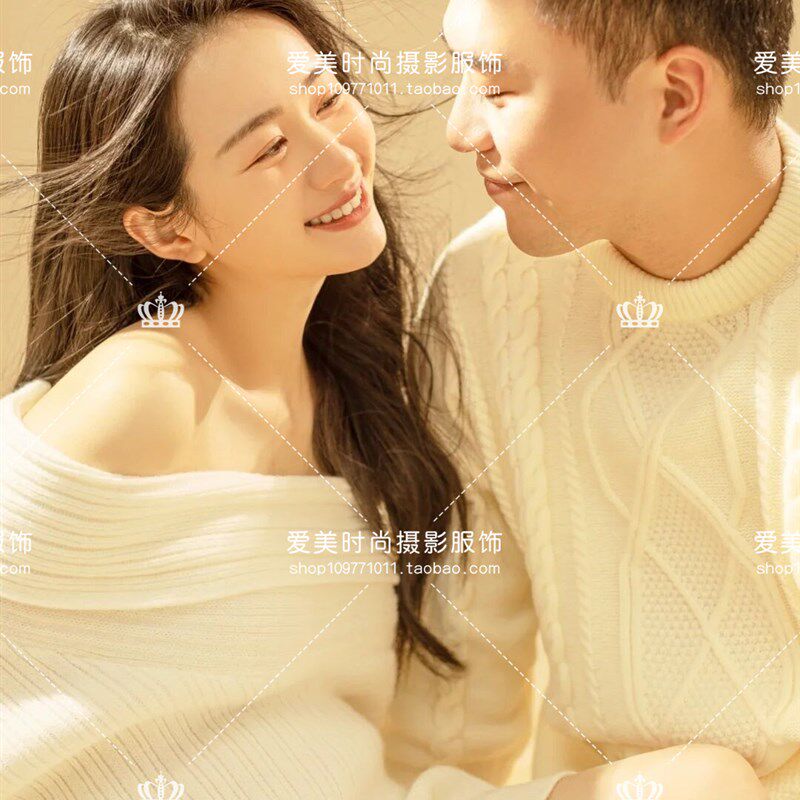 韩版新款孕妇拍照服装居家情侣影楼摄影服饰N白色针织毛衣粗线毯