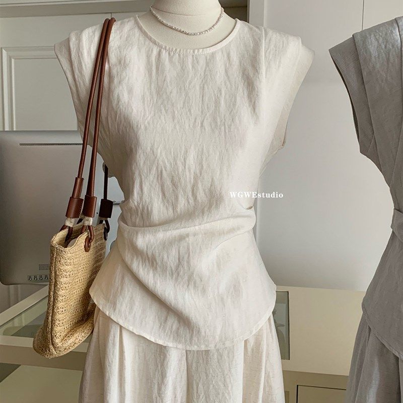 收腰双层宽肩小衫褶皱阔腿裤亚麻套装女2025夏季新款两件套,女装/女士精品,时尚套装,淘宝优惠券,粉丝福利购,淘宝优惠卷