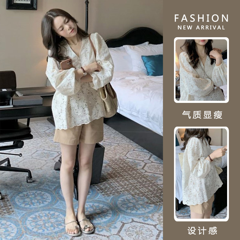 출산 정장 봄과 여름 얇은 V 넥 느슨한 중공 자수 레이스 베이비 돌 탑 반바지 투피스 세트