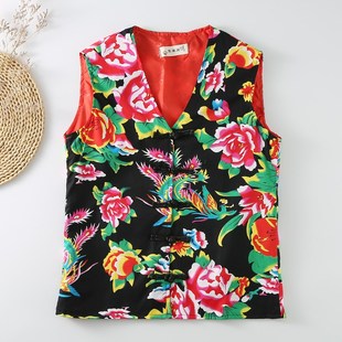 夏装2024女装大花布马甲盘口纽扣薄款坎肩背心修身无袖上衣演出服