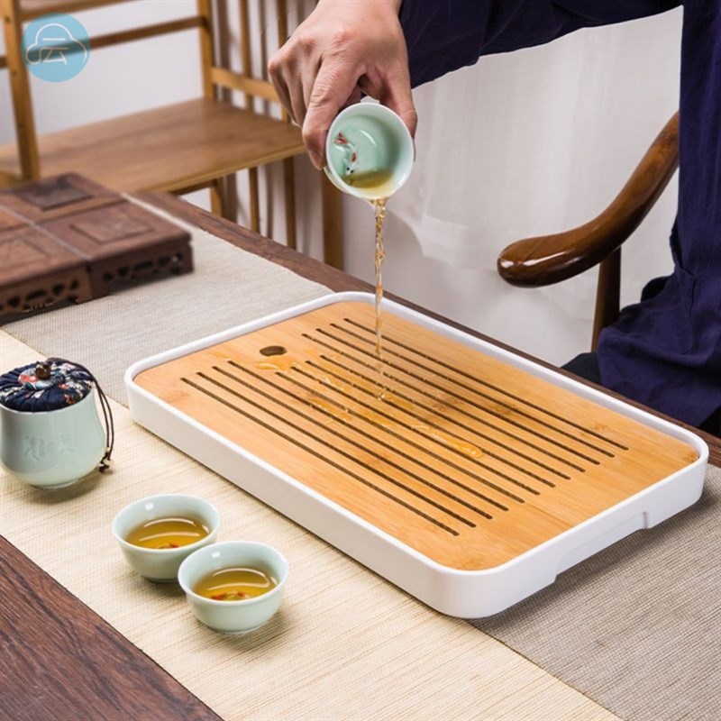 现货干泡小e茶盘陶瓷家用功夫茶具套装储水简约密胺茶台日圆形竹