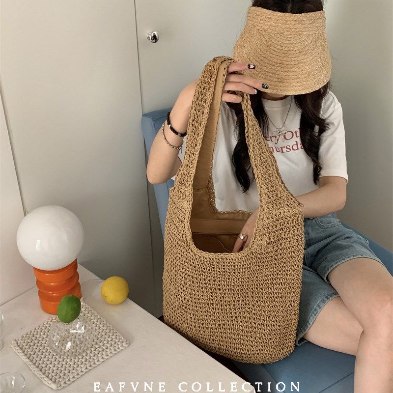 慵懒风单肩大容量斜挎草包女夏帆布袋海边度假沙滩编织包包草编包