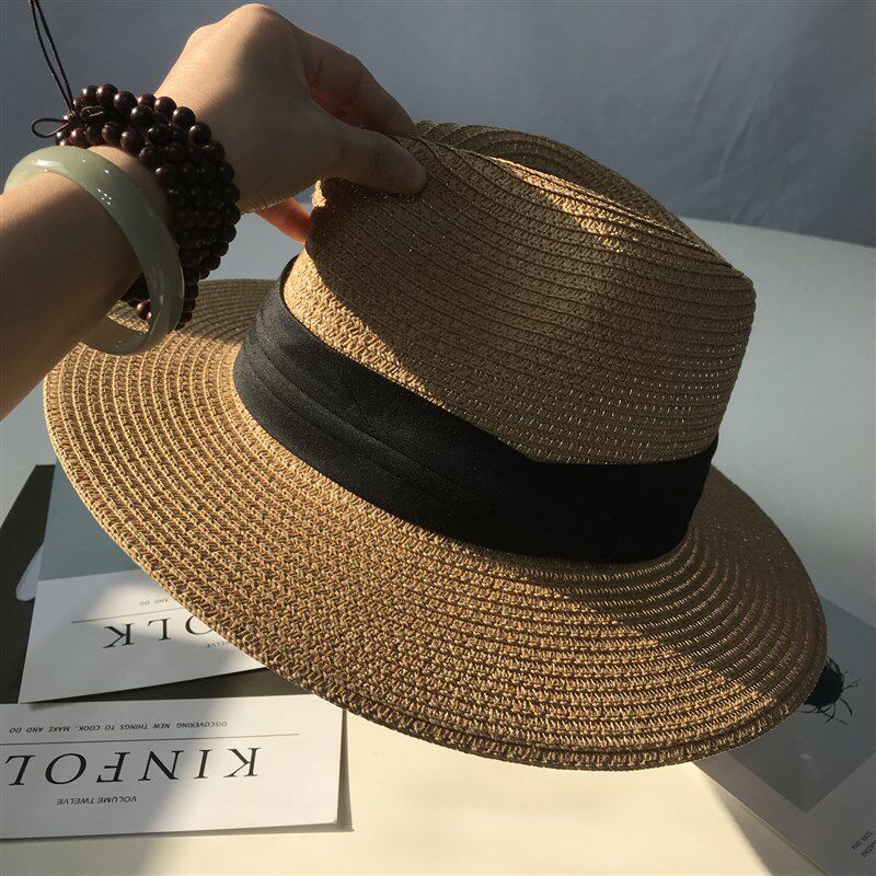 夏季可折叠草帽平檐草编沙滩帽子英伦浅咖啡色遮阳亲子礼帽男女