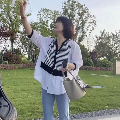 哺乳衣外出d夏季条纹衬衫假两件产后喂奶上衣宽松显瘦夏装辣妈款