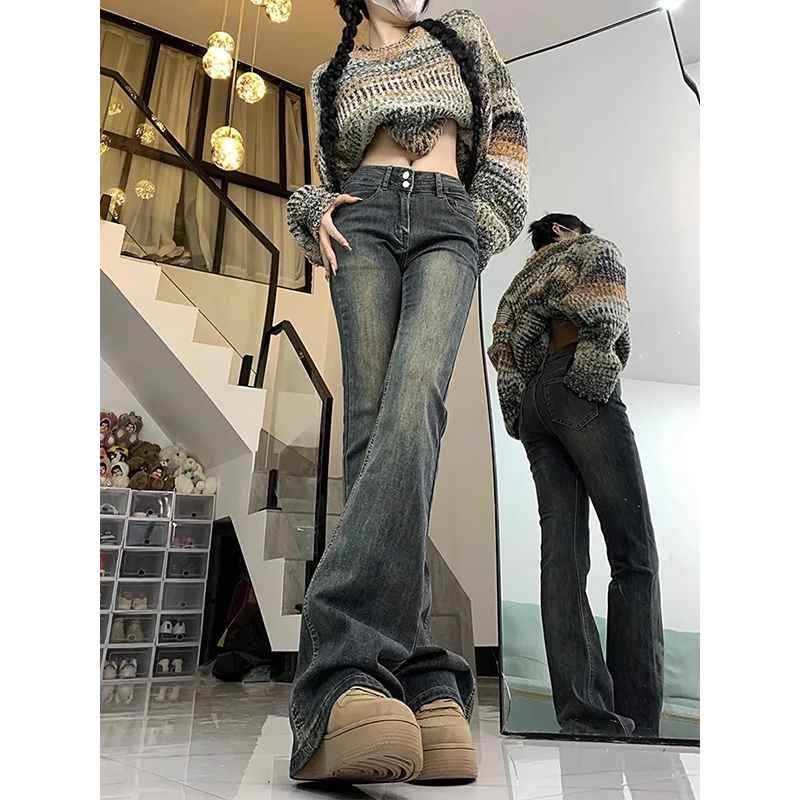 水泥灰复古加绒微喇牛仔裤女2024秋冬新款高腰显瘦修身加长马新品