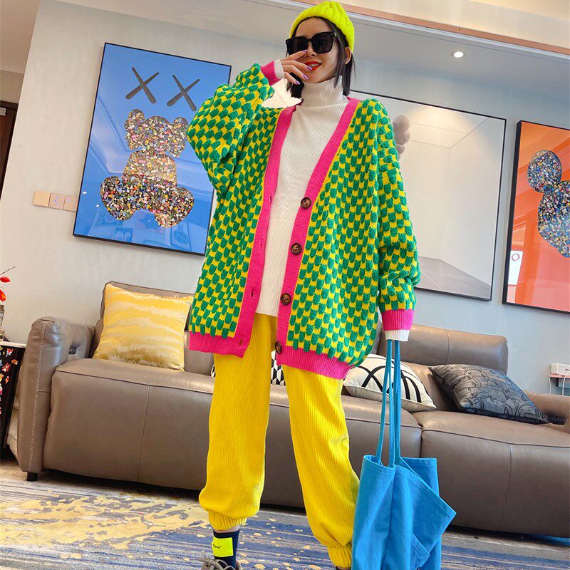 重工格子中长款开衫毛衣女秋冬季新款宽松慵懒风加厚针织外套