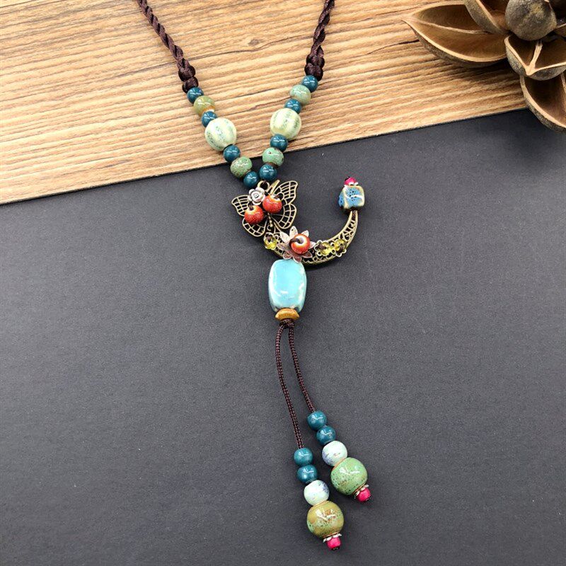 民族风复古文艺棉麻陶瓷项链 女森系百搭长款毛衣T链流苏挂件配饰
