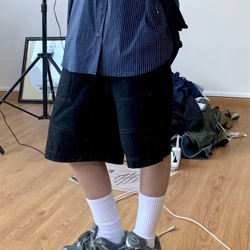 困困小雯日系短裤男女款夏季女生裤子宽松工装撞色明线短裤五分裤