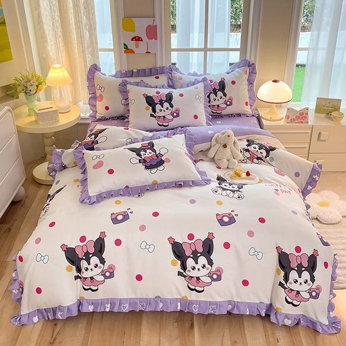 韩式非纯棉四件套床裙儿童公主风荷叶边美人鱼卡通水洗棉女童被套