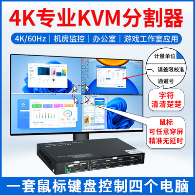 4k/60hz画面分割器电脑hdmi分屏器KVM四进一出监控多屏幕显示切换