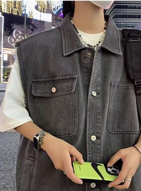 工装牛仔马甲夹背心男加肥加大码B潮胖子宽松翻领外套春装百搭坎