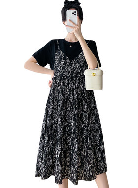 孕妇装连衣裙夏装宽松裤子孕晚期小个子碎花假R两件套雪纺连衣裙