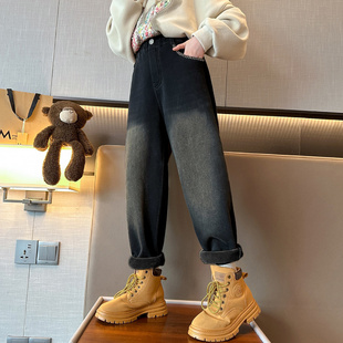 裤 女童加绒牛仔裤 儿童冬装 加I厚一体绒老爹裤 2023洋派女大童冬季