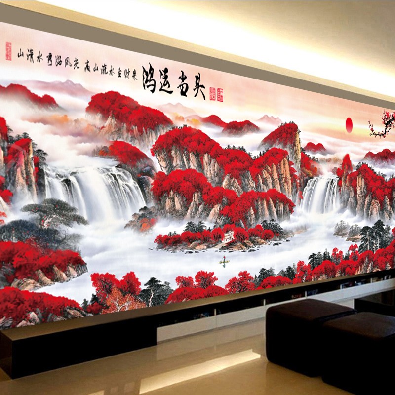 蒙娜丽莎鸿运当头十字绣2023新款线绣客厅大幅山水画手工自己刺绣