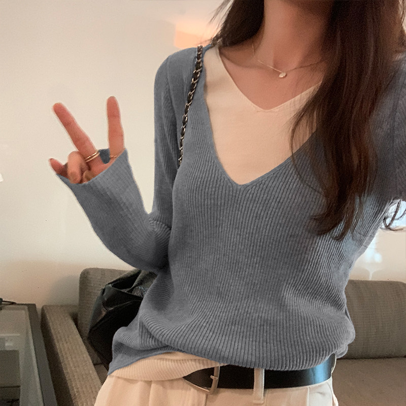 现货2023g温柔风假两件撞色减龄针织上衣女秋季百搭休闲长袖毛织