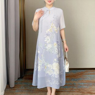厂家气质妈妈夏装短袖雪r纺连衣裙大码中年女洋气中国风减龄裙子