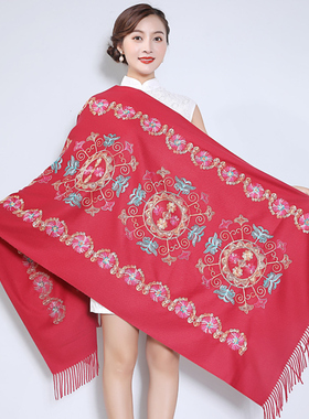 云南丽江古典民族风披肩刺绣绣y花围巾女长款百搭红色新娘婚礼外