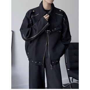 暗黑解构廓形短版 翻领外套 飞行夹克2023秋男女休闲设计感时髦长袖