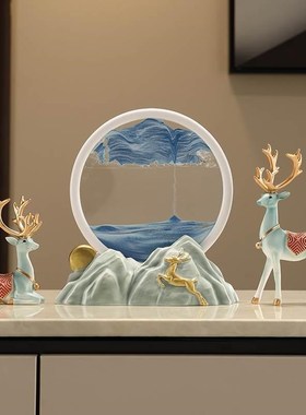 招财鹿流沙画沙漏摆件轻奢高档家居客厅酒柜电视柜办公室桌装饰品