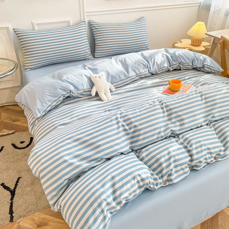 日系水洗棉d床单四件套简约条格被套宿舍床上三件套南通床品