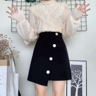 胖mm不规则遮胯裙子显瘦半身裙女2022春款 黑色a字短裙松紧腰 大码