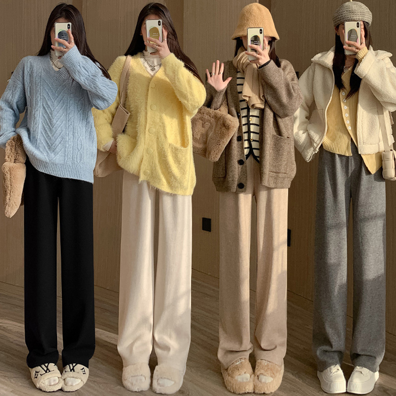 孕妇气质裤c子秋冬季羊绒托腹阔腿裤新款百搭垂感休闲加绒针织孕