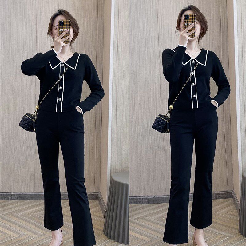 黑色微喇b叭裤女春夏秋冬九分松紧腰宽松直筒阔腿裤西裤八分休闲