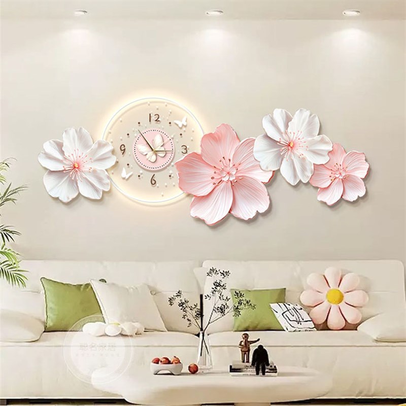 奶油风客厅装饰画带钟表创意花卉沙发背景墙挂画卧室床头发光壁画图片
