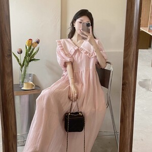 哺乳期夏装时尚辣妈款外出喂奶衣大码女韩版娃娃领泡泡袖连衣裙潮