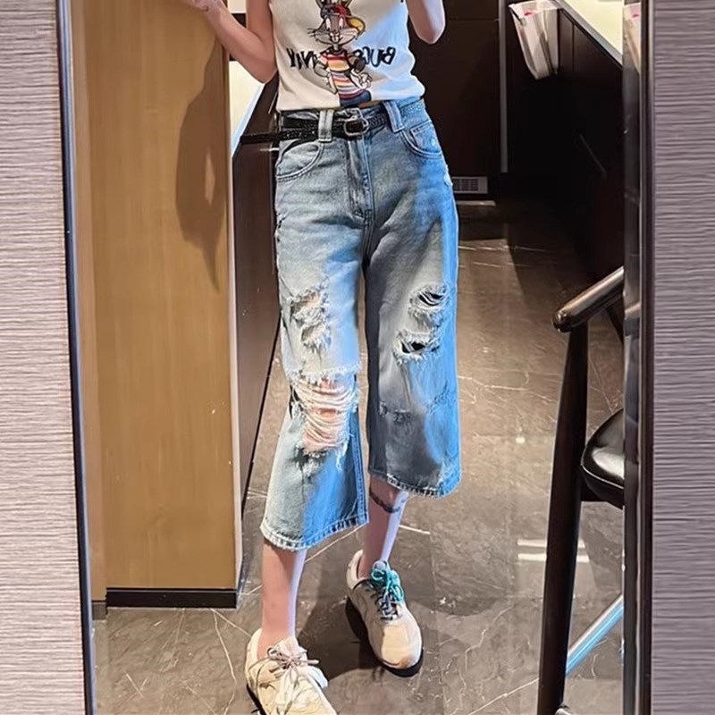 2024夏季薄款大码女装直筒宽松破洞牛仔裤胖妹妹mm高腰阔腿七分裤