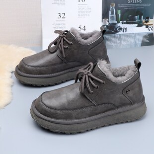 低帮系带加绒男款雪地靴冬季防寒保暖棉鞋防水皮面防滑加厚马丁靴