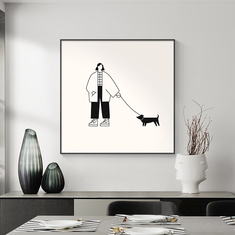 黑白招财猫正方形挂画现代简约沙发背景墙壁画抽象系列餐厅装饰画图片