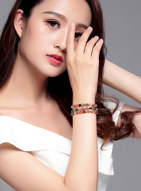 天然碧玺手链女水晶串珠旺夫石三圈手串珠子随形手镯2021年新款夏