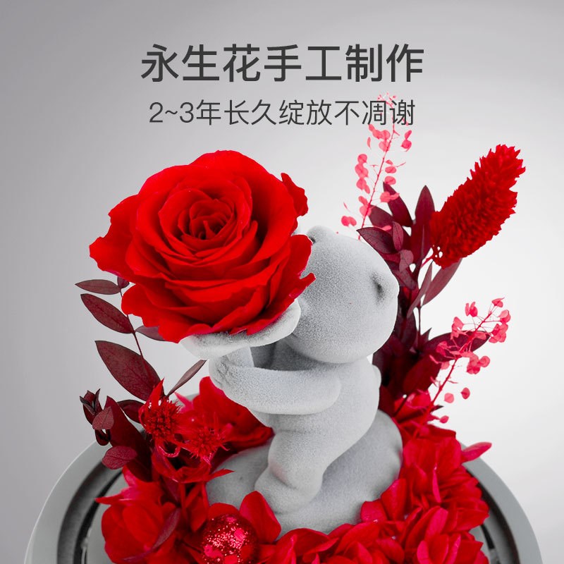 创意圣诞节礼物永生花玫瑰表白植绒小熊玻璃罩送女友生日礼物摆件