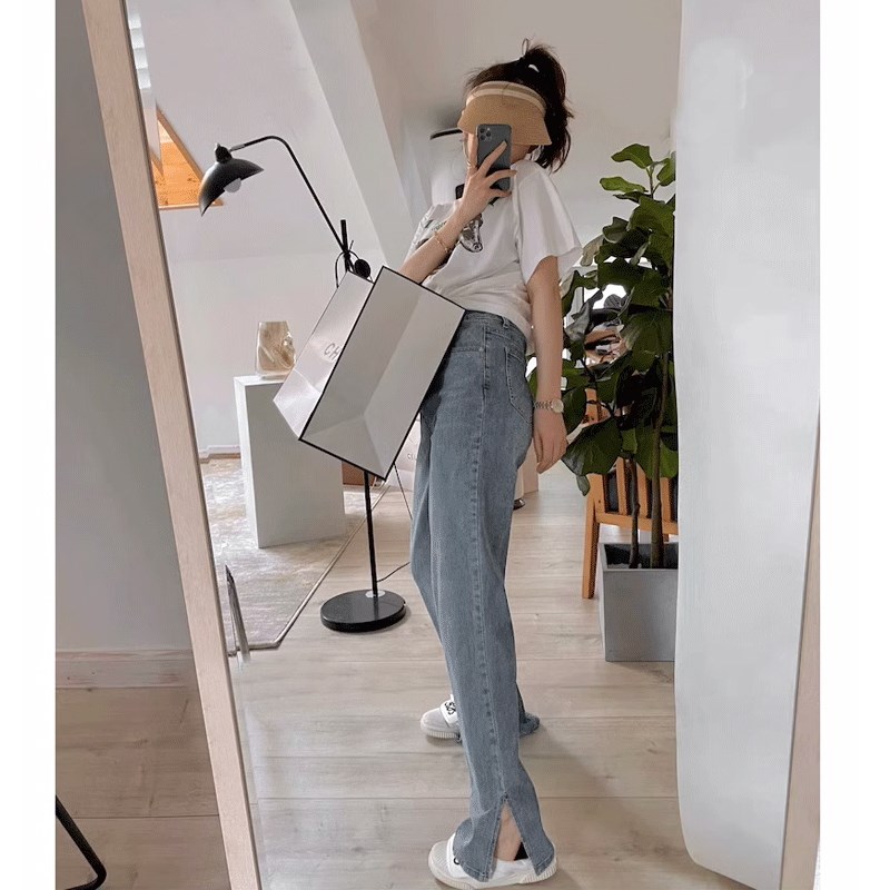 孕妇裤子春秋款外穿阔腿牛仔裤秋季新款秋装休闲开叉直筒拖地长裤