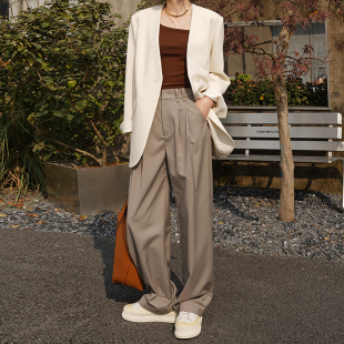 女阔腿休闲垂感长裤 GUS时髦高级设计感高腰宽松双褶裥直筒西装 N裤