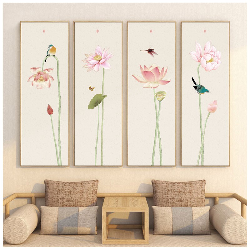 新中式茶室禅意荷花装饰画客厅背景墙挂画玄关四联画餐厅古风壁画