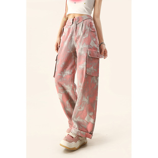 迷彩工装裤女多巴胺女款夏季美式辣F妹套装高腰小个子休闲阔腿裤