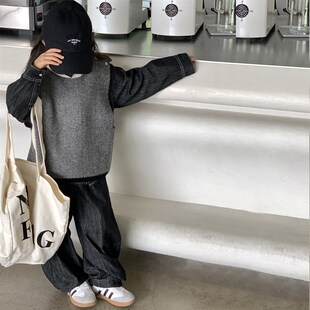女童牛仔套装2023新款t秋装儿童春秋款洋派时髦针织马甲牛仔三件