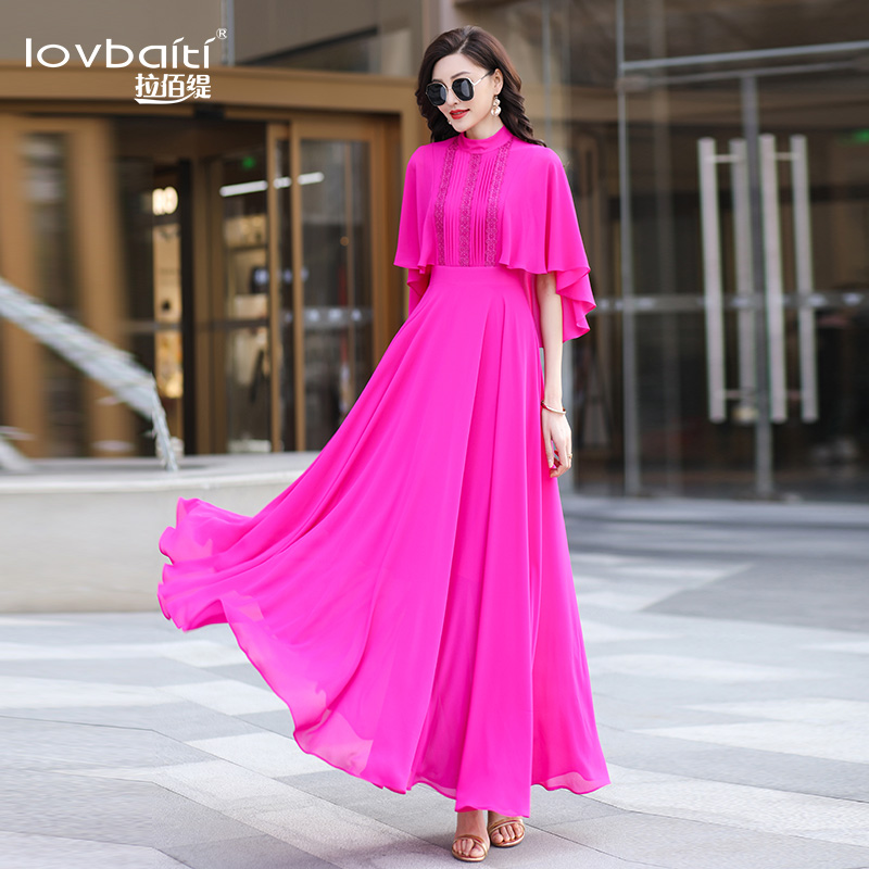 玫红色显瘦连衣裙2024新款女夏高级感仙气超长斗篷裙V子到脚踝764