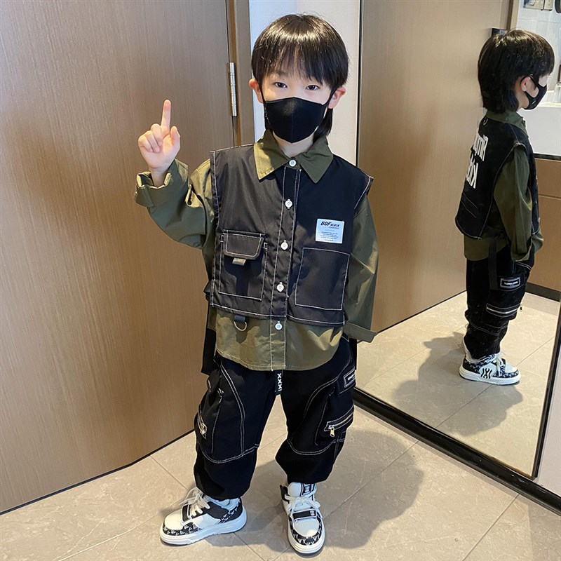 男童衬衫春秋装马甲外套2023新款儿童长袖衬衫帅气时髦男孩上衣潮