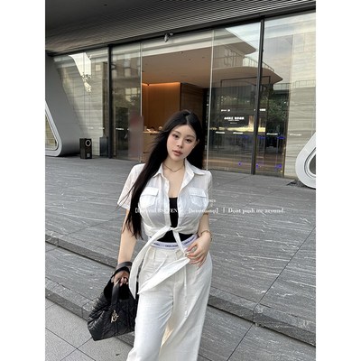 黑泽玄七辣妹套装2024夏季新款胖mm显瘦带胸垫吊带衬衫两件套上衣