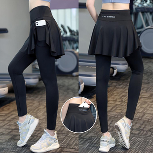 秋季大码运动瑜伽裤裙健身跑步速干假两件一体宽松女遮挡裙裤外穿