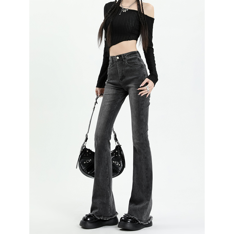 大尺码烟灰色微喇牛仔裤女胖妹妹高腰显瘦mm修身弹力毛Y边喇叭长